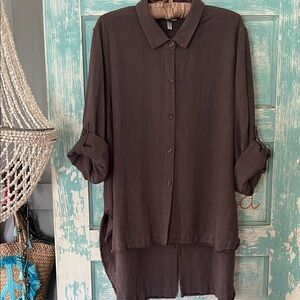 Kleen linen viscose blend, muted charcoal Button-Up jacket, roll up sleeves